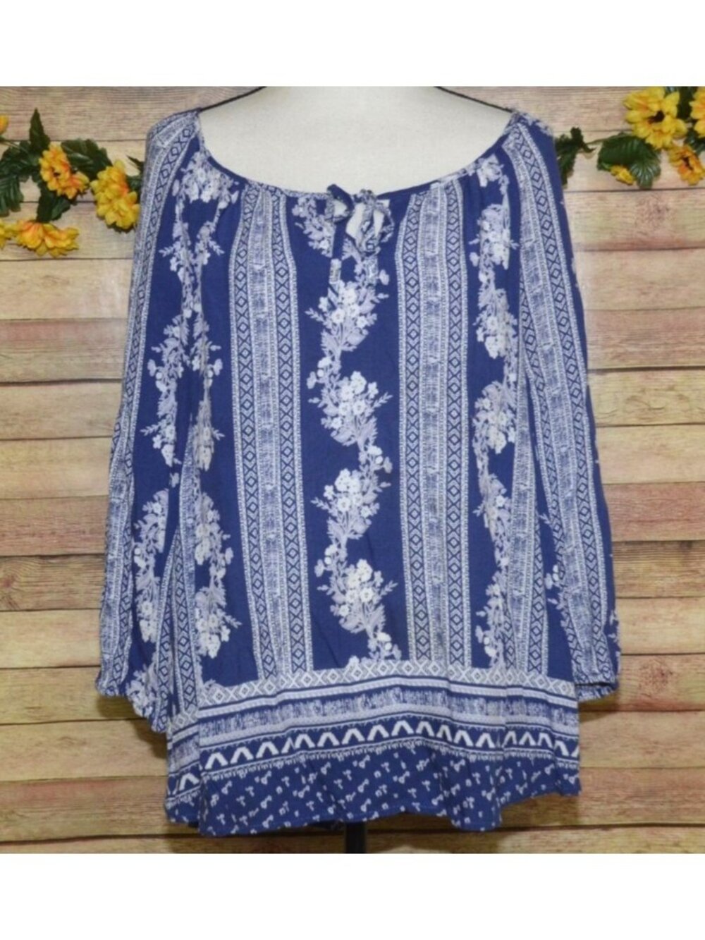 Fred David Blue Floral Print Blouse Ladies XL Lightweight Rayon Top Casual Top